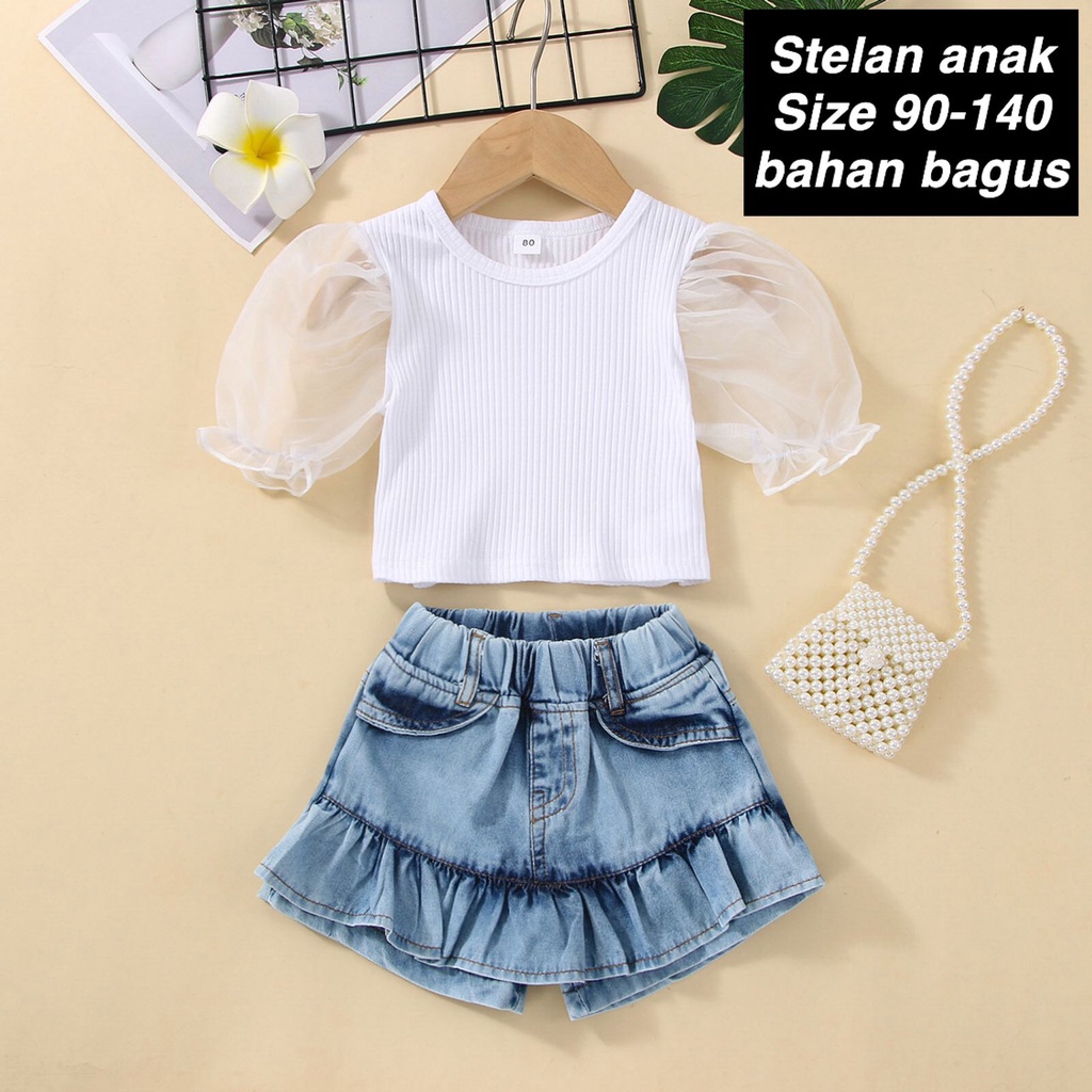 (LOLI-JKT) BS-247 STELAN ANAK CEWEK LENGAN JARING RUFFLE + CELANA SIZE 90-140