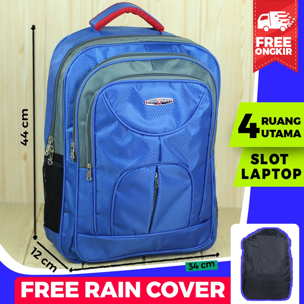 Back Pack Cowok Cewek Polo Resleting Tengah Biru Tas Ransel Laptop Pria Wanita Multi Fungsi Trendy