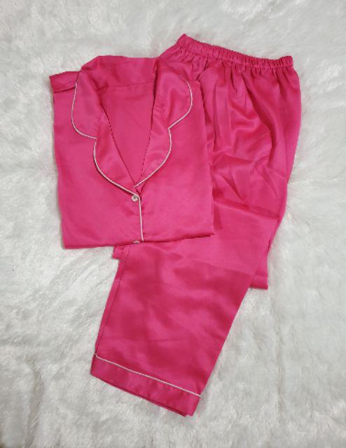 Baju Tidur Piyama Pajamas Wanita/Cewek Satin Silky Velvet Cantik Simple Wanita Dewasa Full Kancing-CP PINK
