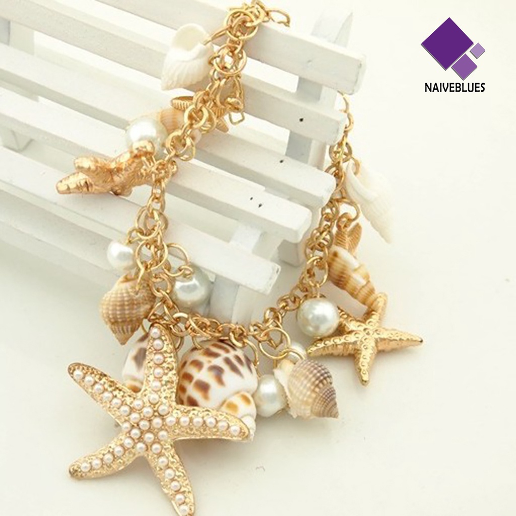 Naiveblue &gt; Gelang Tangan Rantai Adjustable Motif Laut Warna Gold Untuk Wanita / Pantai