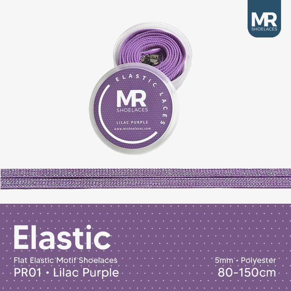 Original MR Shoelaces PR01 Elastic Lilac Purple Tali Sepatu Flat Elastis (Karet Lentur) with Metal Clip / Lock 80cm 100cm 120cm 150cm - Premium Shoelace