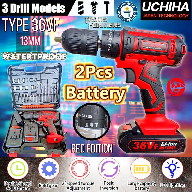 mesin bor batrai batre battery cordless drill uchiha 36vf bor impact dril hammer palu besi baja ring