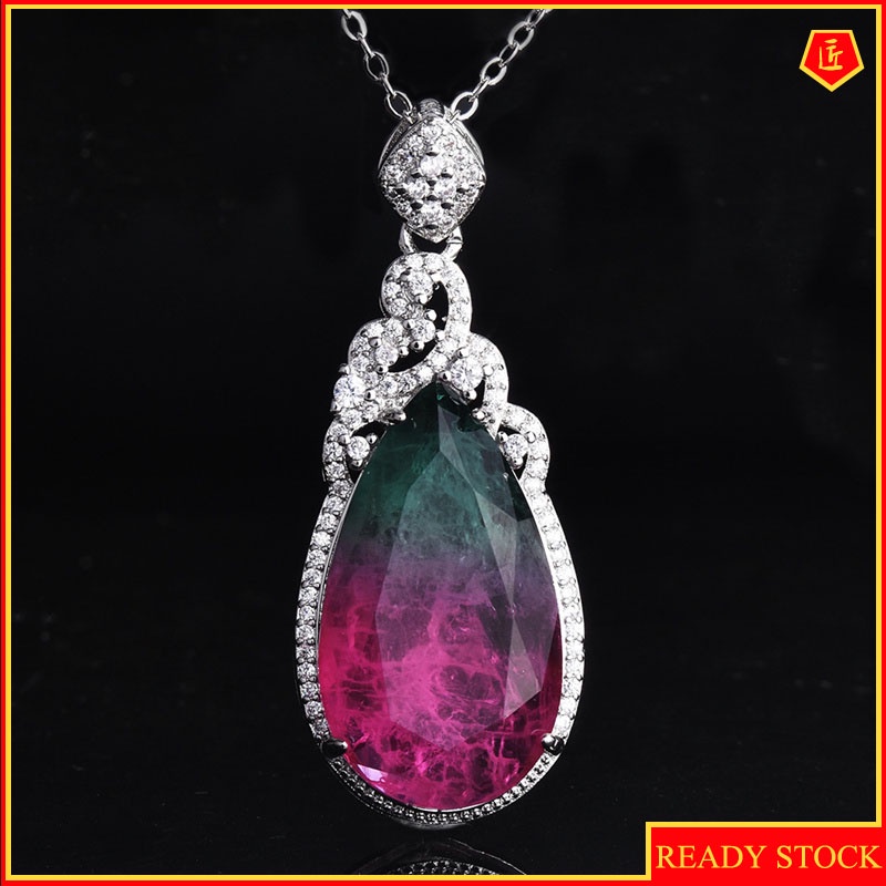 [Ready Stock]Watermelon Tourmaline Pendant 18K Rose Gold Water Drop Colored Gems Necklace