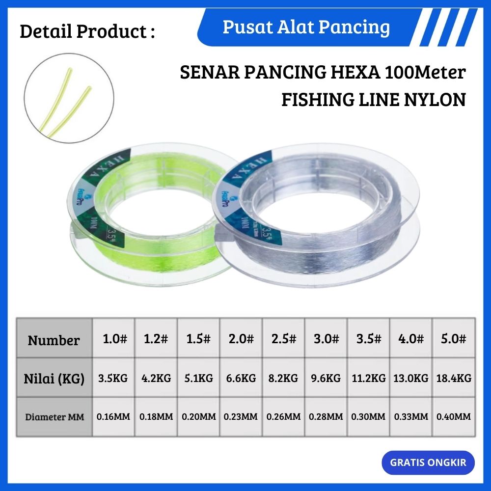 Senar Pancing HEXA Nylon 100M Senar Pancing Monofilament Super Line Benang Mancing Sungai Danau Muara Empang Murah