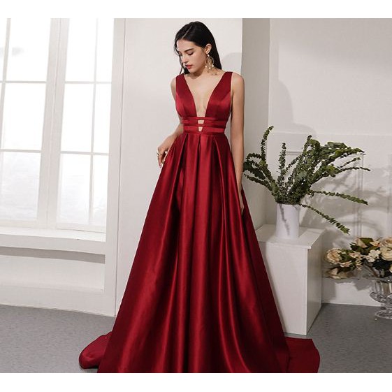 Wedding Dress Special Occasions Sexy Red V Neck Open Back Satin Evening Prom Dress