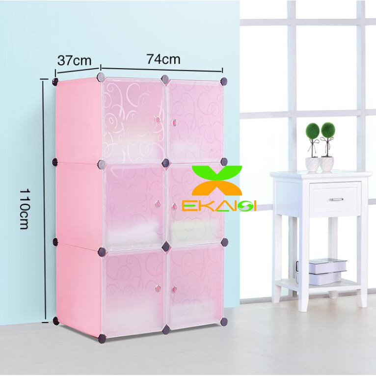 Ekaisi Lemari pakaian plastik lemari poratable anak rak baju gantungan 6 pintu hello kitty