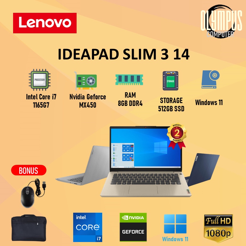 Laptop Lenovo Ideapad Slim 3 14 MX450 i7 1165G7 8GB 512SSD W11+OHS21 14.0FHD IPS
