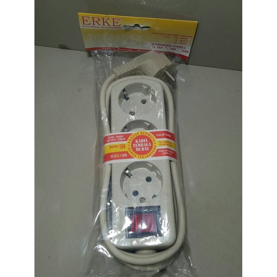 Stop Kontak 3 Lubang + Saklar ON-OFF + Kabel 3 Meter ERKE