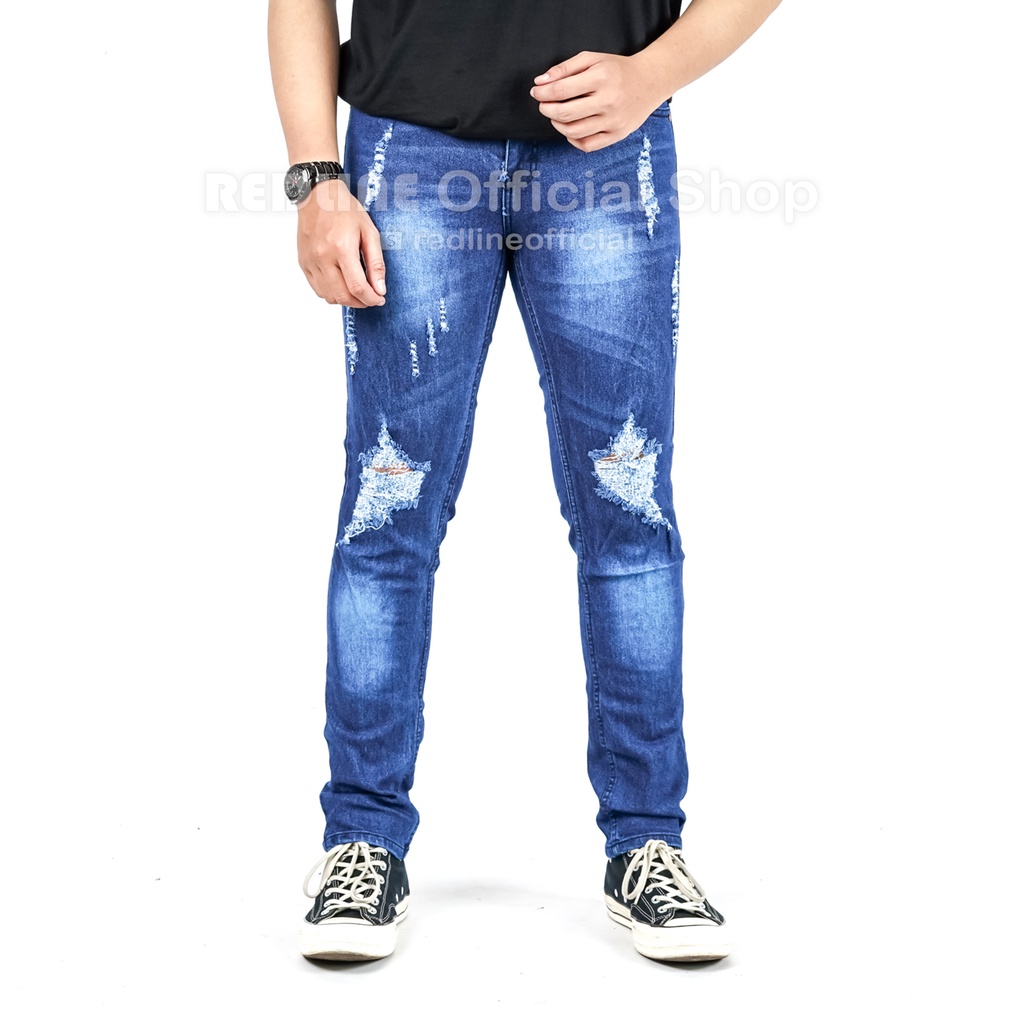 Celana Jeans Pria Sobek Lutut - 2 RIPPED - S, M, L, & XL - Biru - Celana Jeans Ripped Lois Jelana Cl