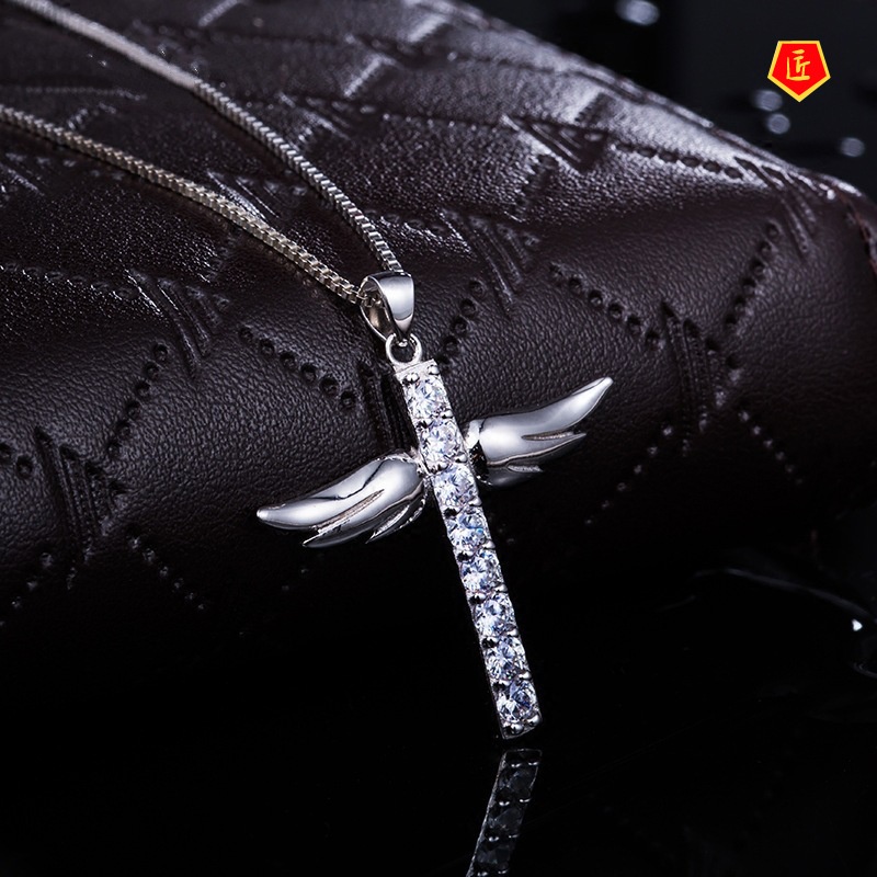 [Ready Stock]Full Diamond Cross Angel Wings Pendant Necklace Fashion Simple