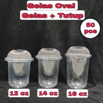 Gelas Oval uk 12oz,14oz,16oz + Tutup / Gelas plastik bening plus tutup cembung