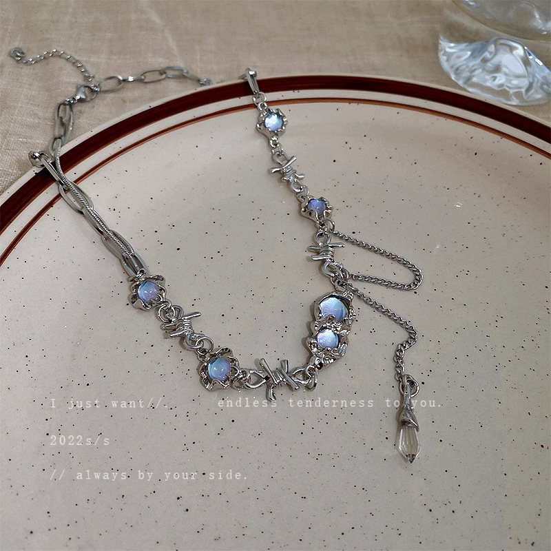 Y2k Kalung Choker Silver Dengan Liontin Batu Opal Mewah Untuk Wanita