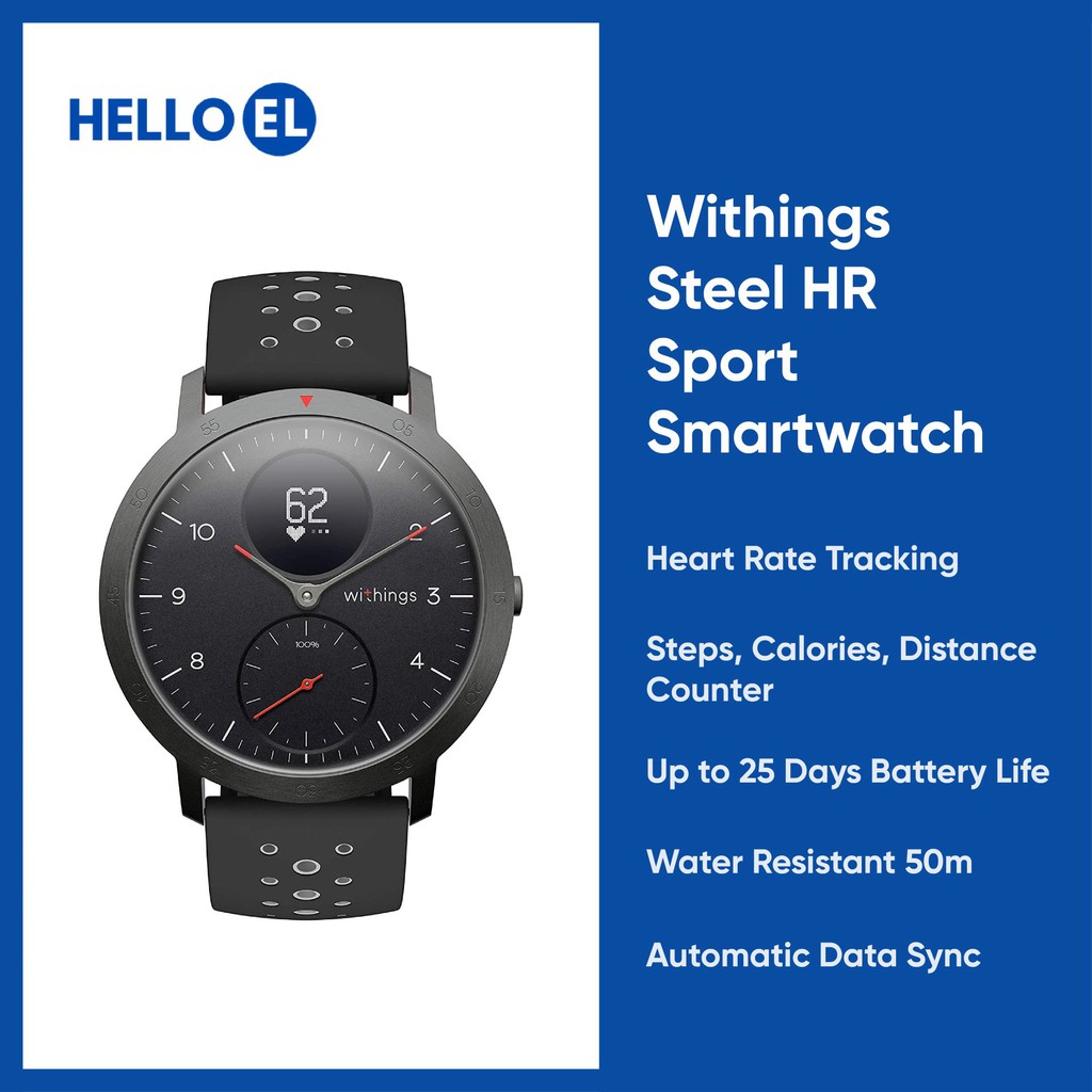 Withings Steel HR Sport - Jam Tangan Pintar Hitam 39.5mm dengan GPS dan Monitor Detak Jantung