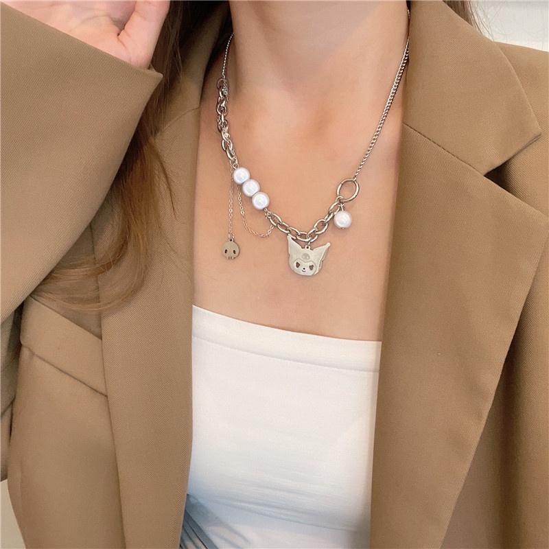 Reflective Pearl Cat Necklace Accessories Splicing Clavicle Chain Hip Hop All-match Trend