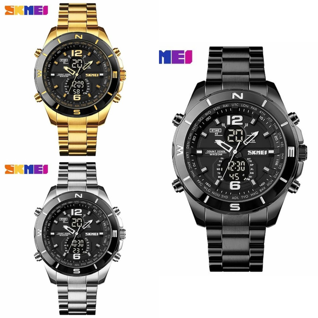 PENGIRIMAN INSTANT - Jam tangan pria skmei 1670 original rantai DUAL TIME