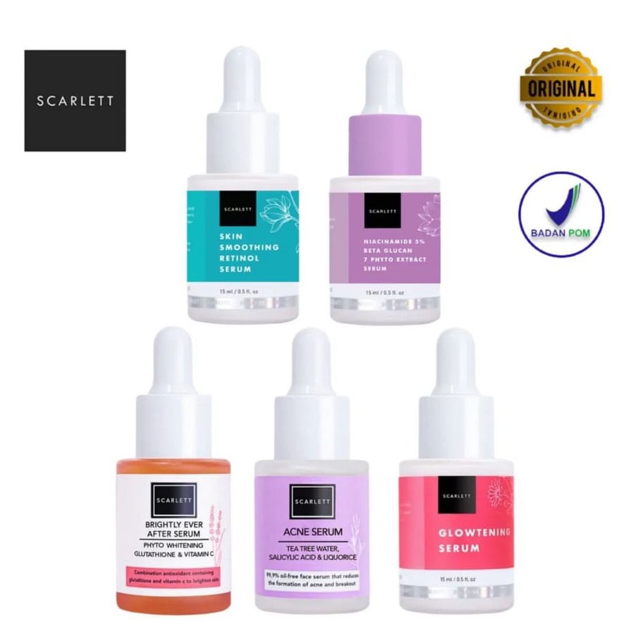 SCARLETT WHITENING SERUM 15ml ORIGINAL BPOM - SMOOTHING RETINOL / NIACINAMIDE 5% / GLOWTENING / BRIGTHLY EVER AFTER / ACNE SCARLET 15 ml