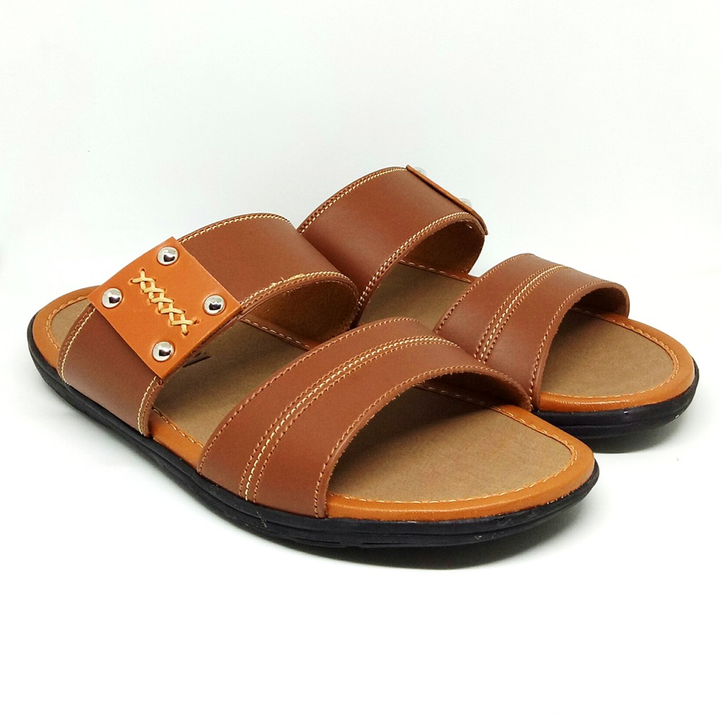 FIURI - Sandal Double Slip On Mocca - Sandal Murah Pria - Sandal Casual - Sandal Pria Kulit