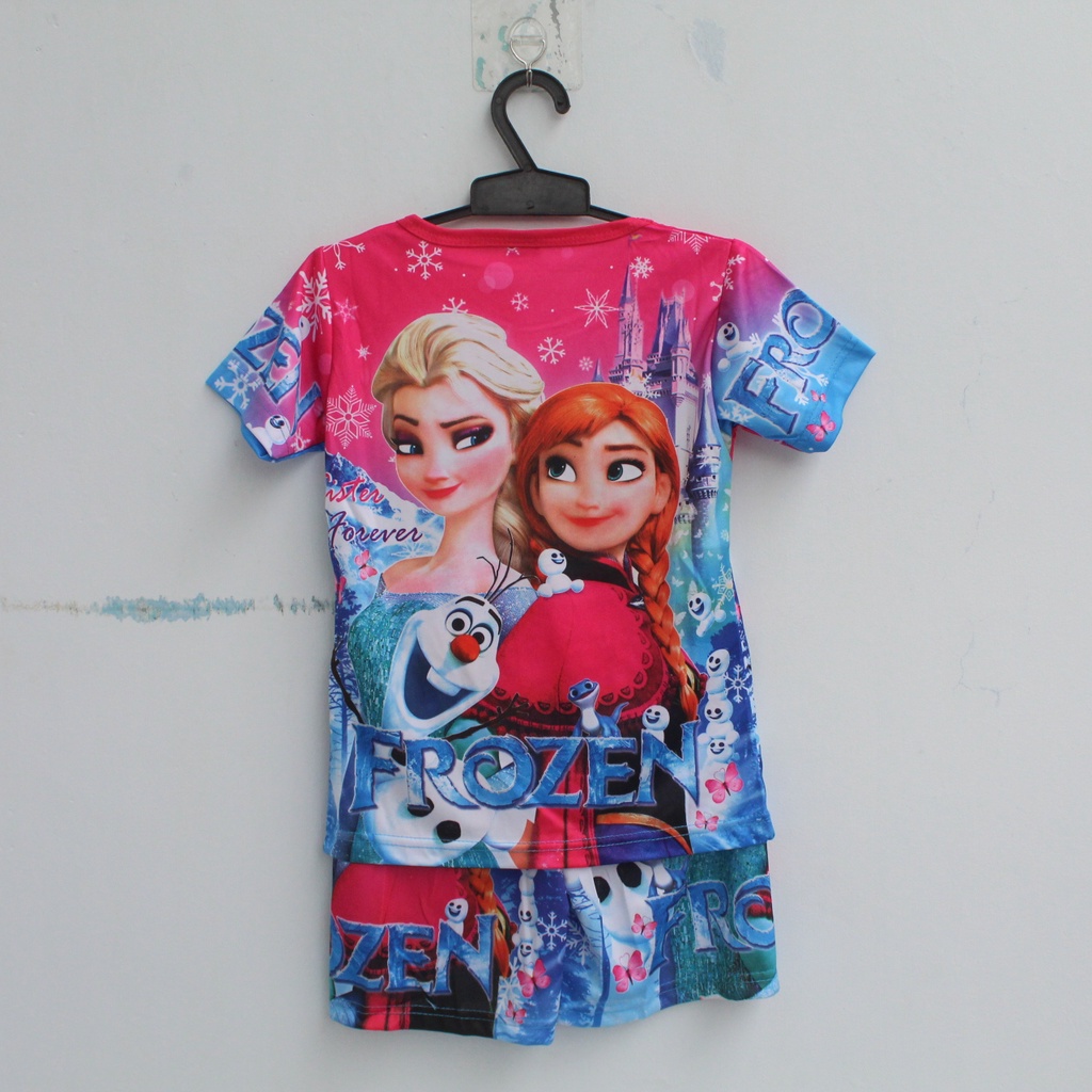 stelan baju frozen biru full printing size 4-20