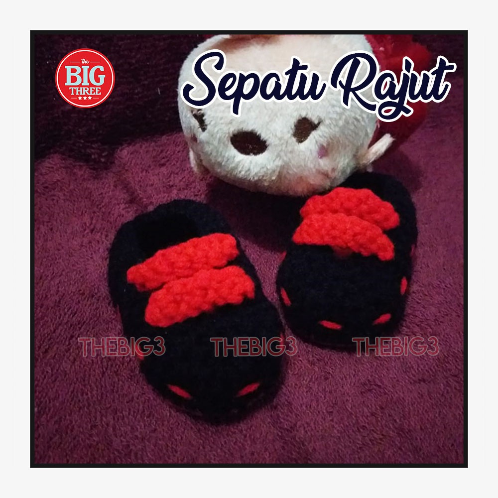 Sepatu Kaos Kaki Rajut Bayi Newborn Cowok Laki Laki - Black Red hitam merah Rajutan Handmade PO