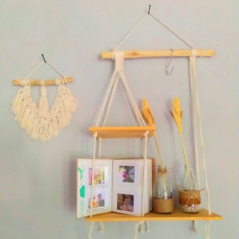 MACRAME HANGING SHELF RAK GANTUNG 2 TINGKAT RAK DINDING AMBALAN TALI AMTALI