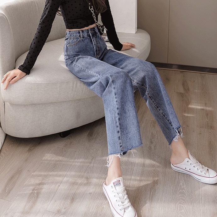 Korea Highwaist Lurus Kasual Jeans Wanita Fashionable -- 9/10 Celana