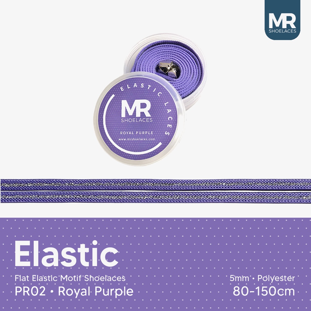 Original MR Shoelaces PR02 Elastic Royal Purple Tali Sepatu Flat Elastis (Karet Lentur) with Metal Clip / Lock 80cm 100cm 120cm 150cm - Premium Shoelace