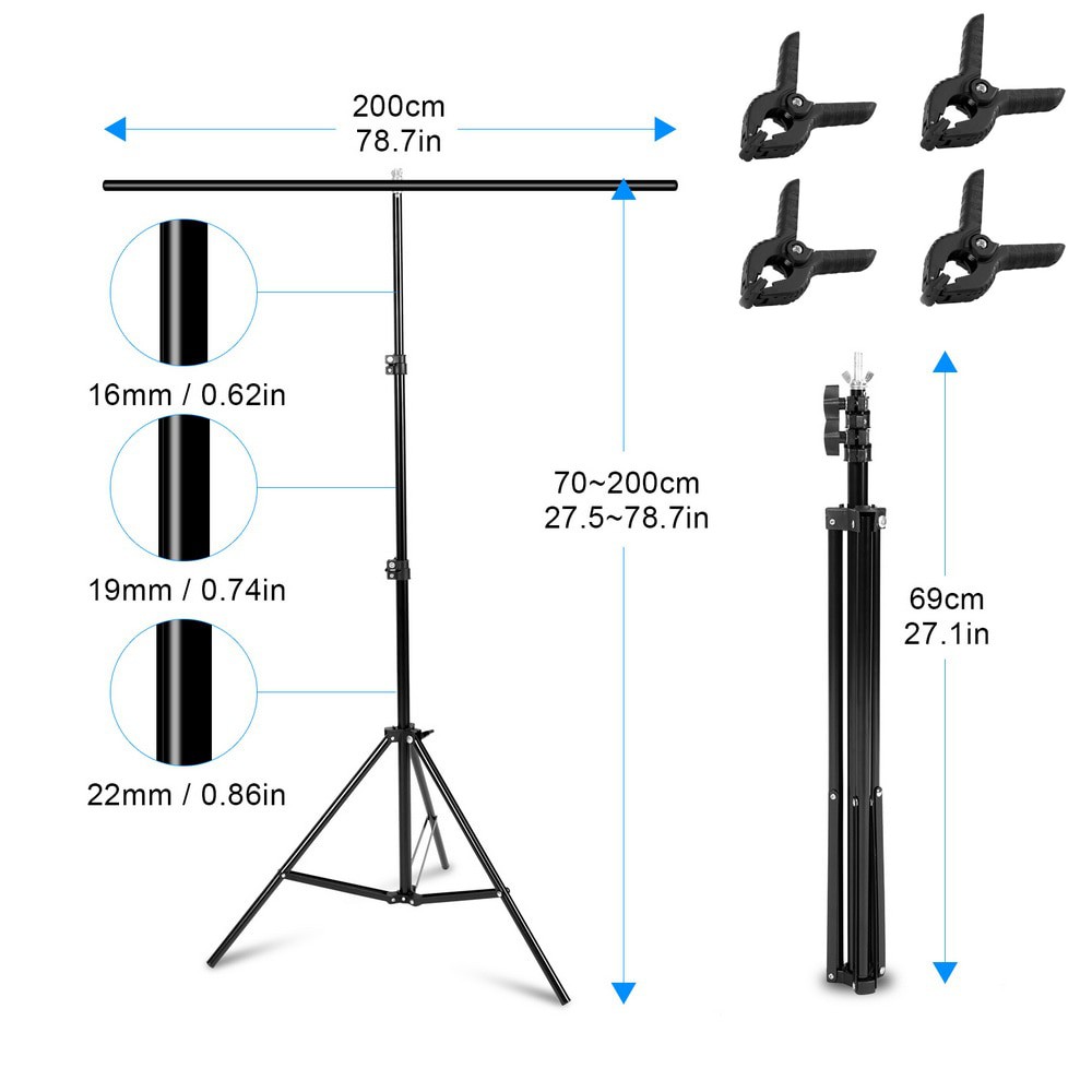 Stand Background Photography T-Shape 200x200cm with 4 Clamp Clip