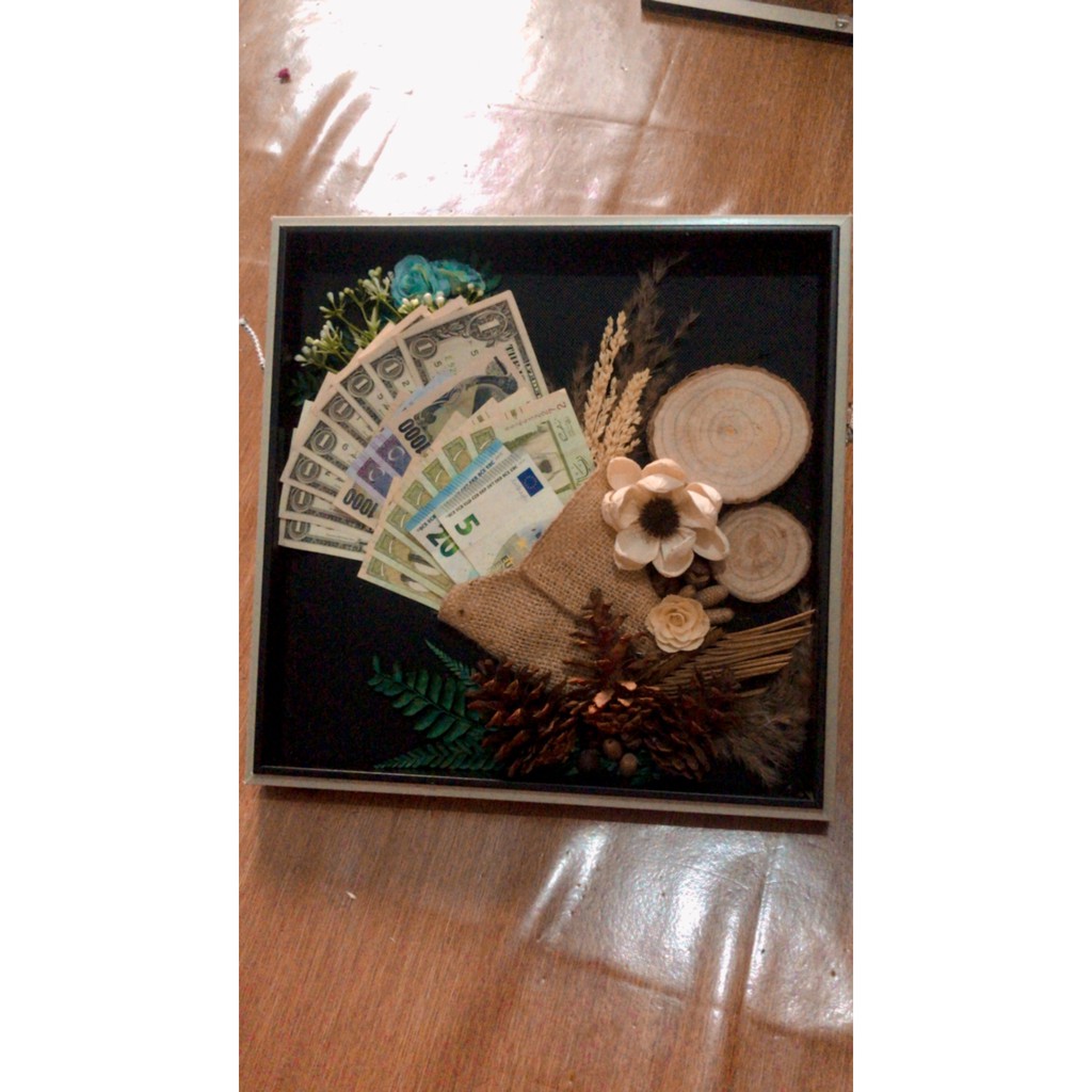 mahar pernikahan rustic aesthetic dried flower bucket uang kertas frame pigora 3d 30x30
