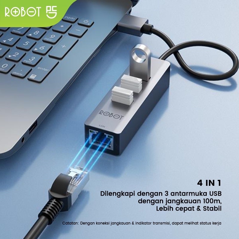 ROBOT HEA100 4 in 1 USB Hub 3.0 / 2.0 with 10 / 100 Mbps LAN RJ45 Ethernet Adapter Plug and Play Compatible For Windows / Linux / Vizta / Mac OS Original - Garansi 1 Tahun