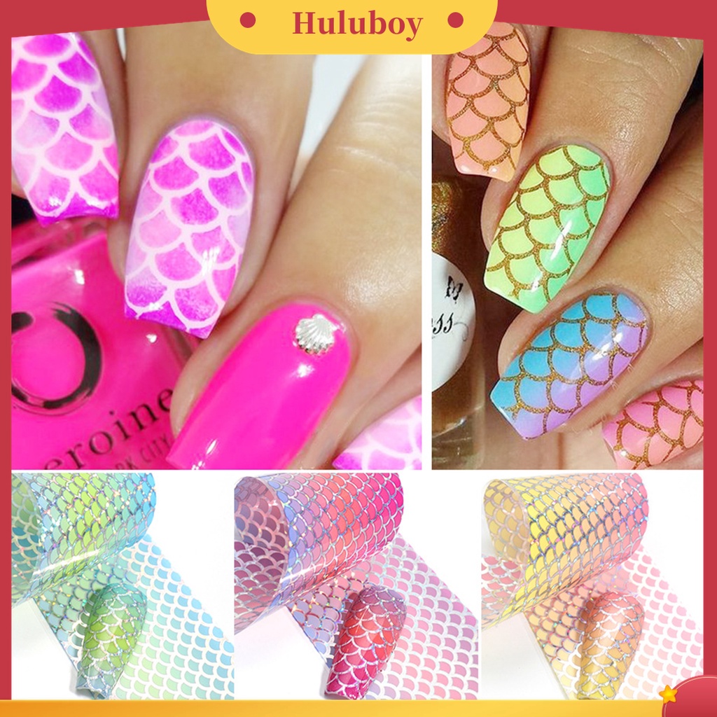 Huluboy Huluboy♡ 10 Pcs / Set Stiker Kuku Transfer Foil Desain Sisik Ikan Mermaid Warna-Warni Gradasi Untuk Manicure