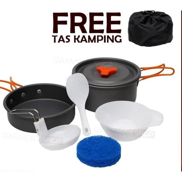 【COD】 Paket ~ Cooking set 2 Susun + Kompor Portable Windproof Anti Angin` Alat Masak 2-3 Orang DS200