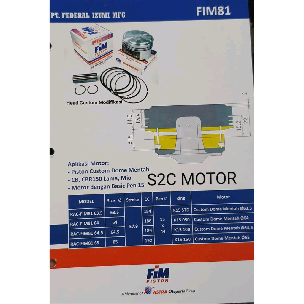 BARU Piston Kit 63.5 Pin 15 Custom dome Fim81 CBR 250 Bore Up