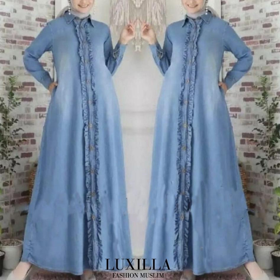 Terbaru - Baju Gamis Dress Jeans Denim Levis Wanita 2022 Kekinian Snow Blue Bordir  Ld 112 P 140 Bra