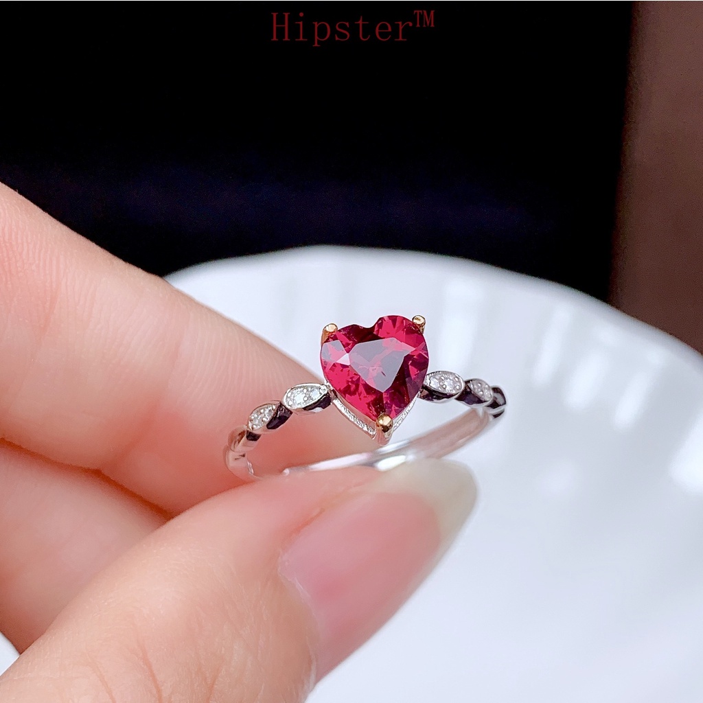 New Simple Rose Red Heart-Shaped Simple Micro Inlaid with Diamond Ring