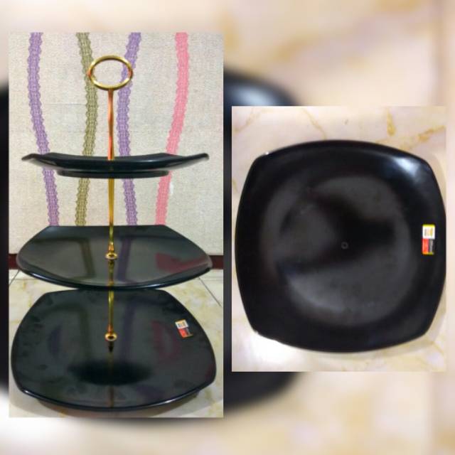 Cake Stand / Piring Kue / Piring Melamin Susun 3 Cantik Hitam Persegi / Tempat CupCake / Piring Buah