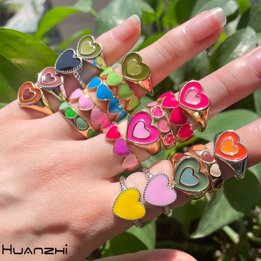 Fashion Colorful Heart Shape Rings Opening Adjustable Ins Style Ring for Women Jewelry Accessories