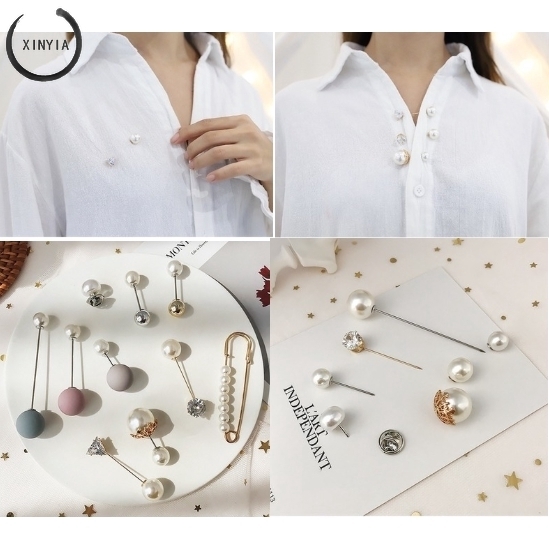 Mainan Set 6Pcs Bros Pin Kerah Motif Mutiara / Berlian Imitasi Ala Korea untuk Wanita