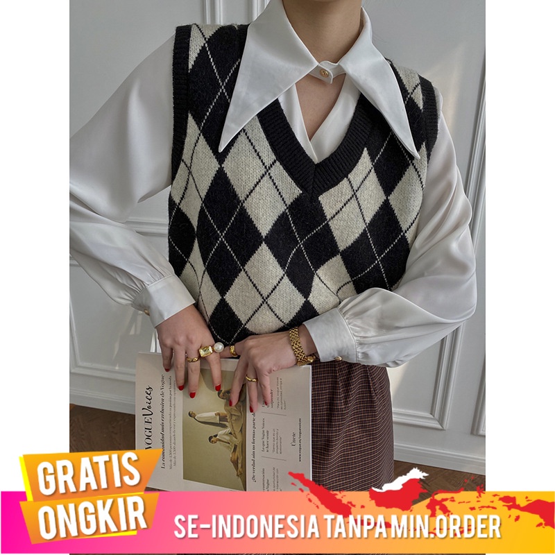 Pakaian Wanita Vintage Memukul Warna amond Kisi Rajutan Rompi Pullover  Kotak-kotak Rompi Tanpa Leng