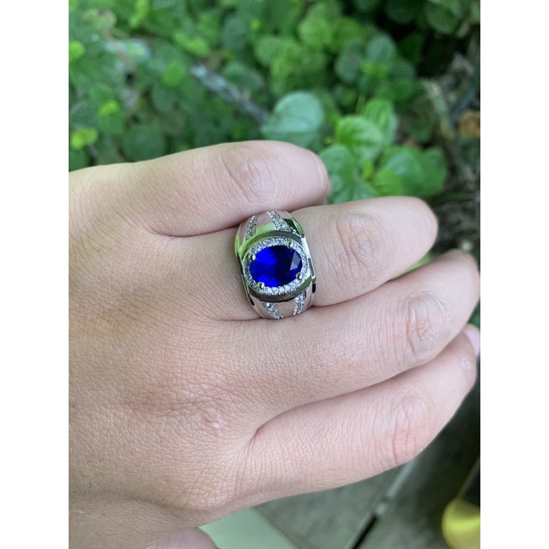 Cincin King Safir Ring Perak Mewah Elegan Simple Minimalis Blue Saphire