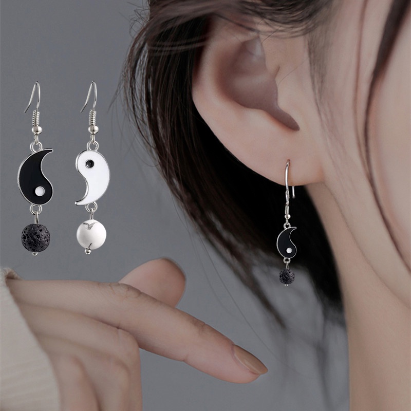 1 Pasang Anting Manik-Manik Batu Yin Yang Tai Chi Bahan Alloy Gaya Vintage Untuk Wanita