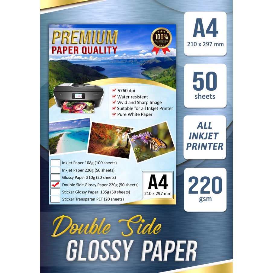 

Glossy Paper / Photo Paper Double Side 220gsm A4 ( 1 bungkus 50 lembar )