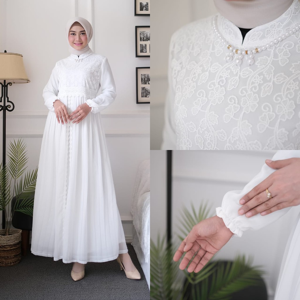 Agnes Gamis Putih Wanita Gamis Plisket Brukat Baju Muslim Wanita Busana