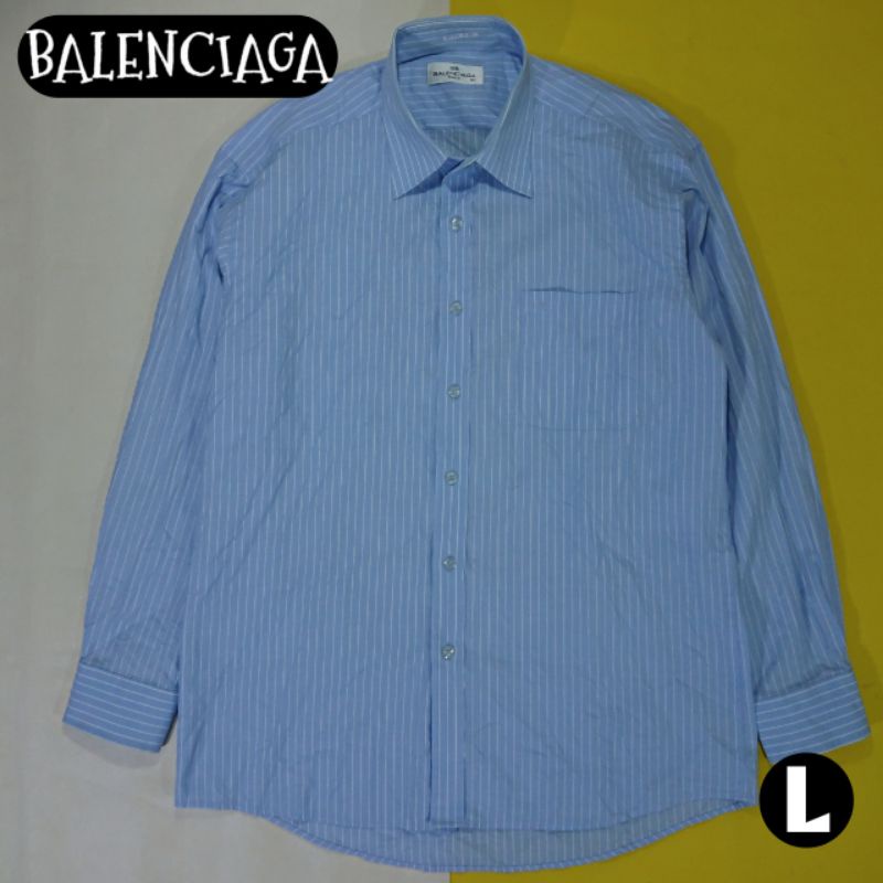 Kemeja Balenciaga Size L Lengan Panjang Biru Garis-Garis Putih