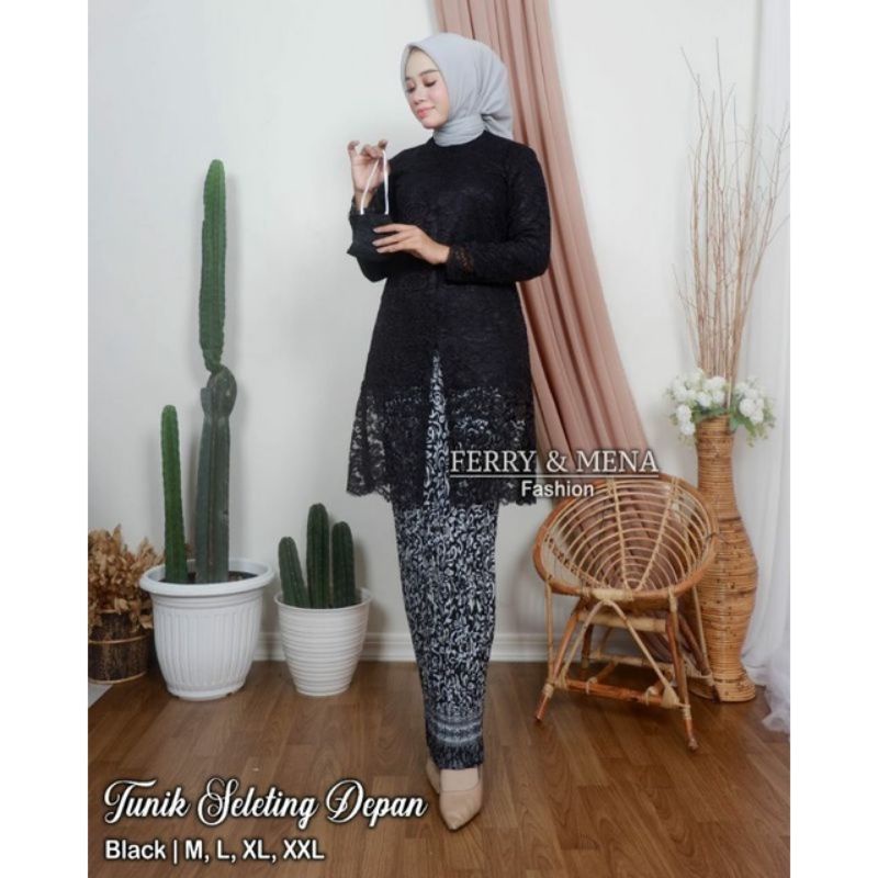 SETELAN TUNIK BROKAT/SETELEN TUNIK SLETING DEPAN/TUNIK MODERN/TUNIK PESTA