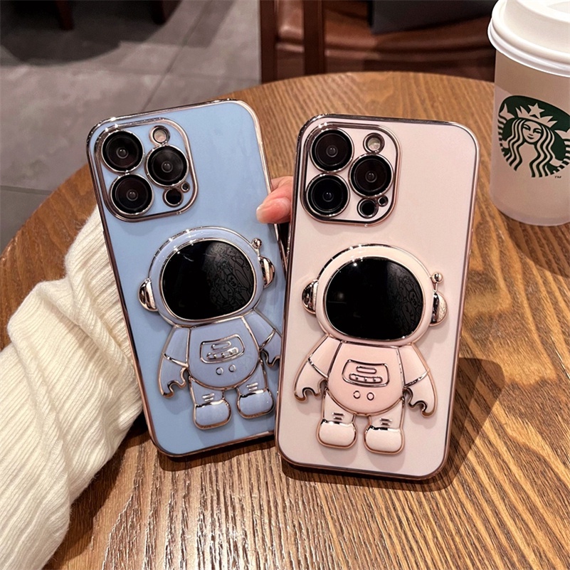 Soft Case Silikon Motif Mobile Phone Cases Astronauts With Stand Compatible for iPhone 13 12 11 Pro Max X Xr Xs Max SE 2020 8 7 Plus Plating electric camera Protective Soft Silicone Shockproof Phone Case