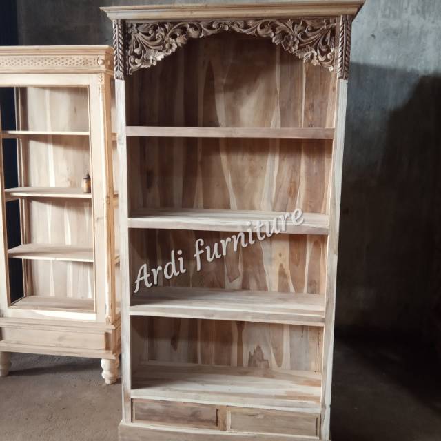 Almari ukir lemari pajangan bahan kayu jati lemari rak buku meubel jepara