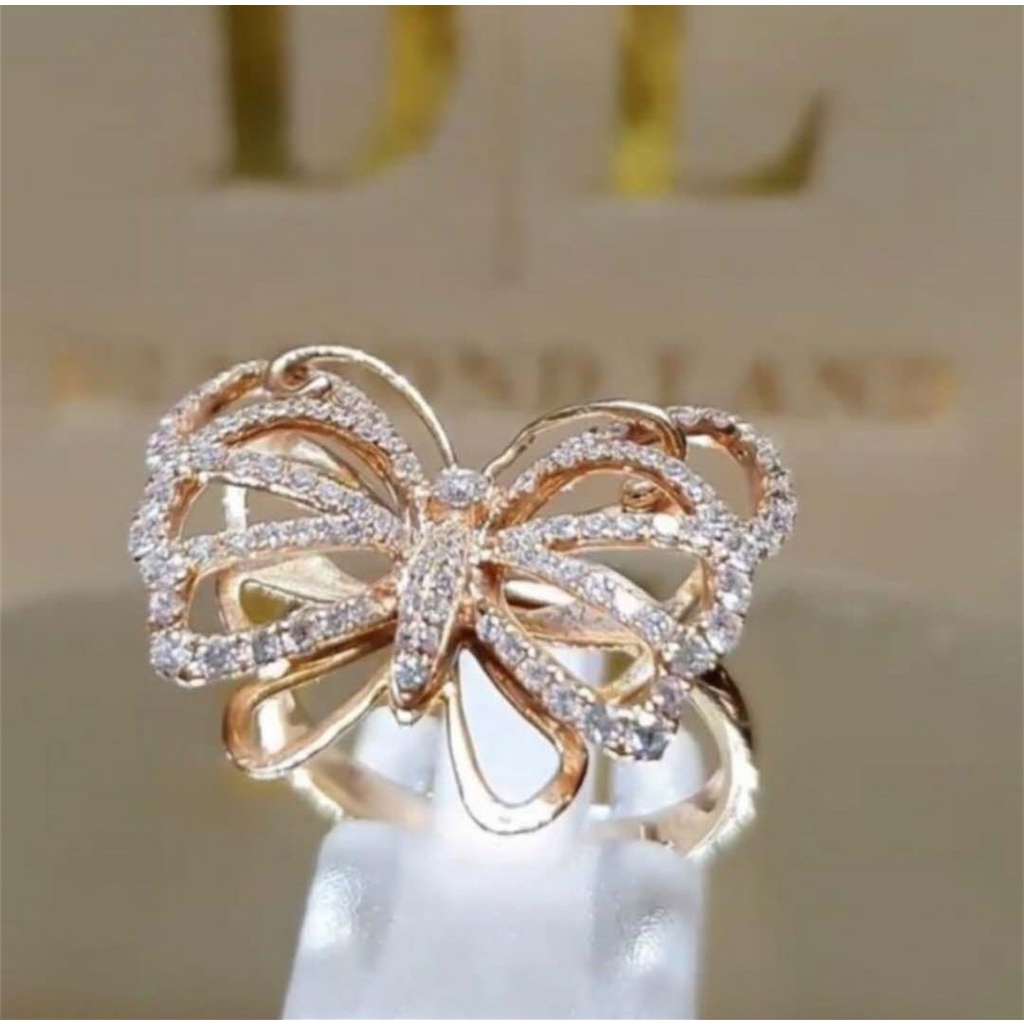 Cincin Lapis Emas Model Kupu-Kupu Aksen Berlian Gaya Korea Untuk Wanita Butterfly