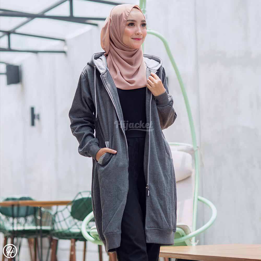 Jaket Jacket Polos Panjang Wanita Cewek Muslimah Hijabers Hoodie Kekinian Abu Tua Hijacket BC Misty-Abu Tua + Abu Muda
