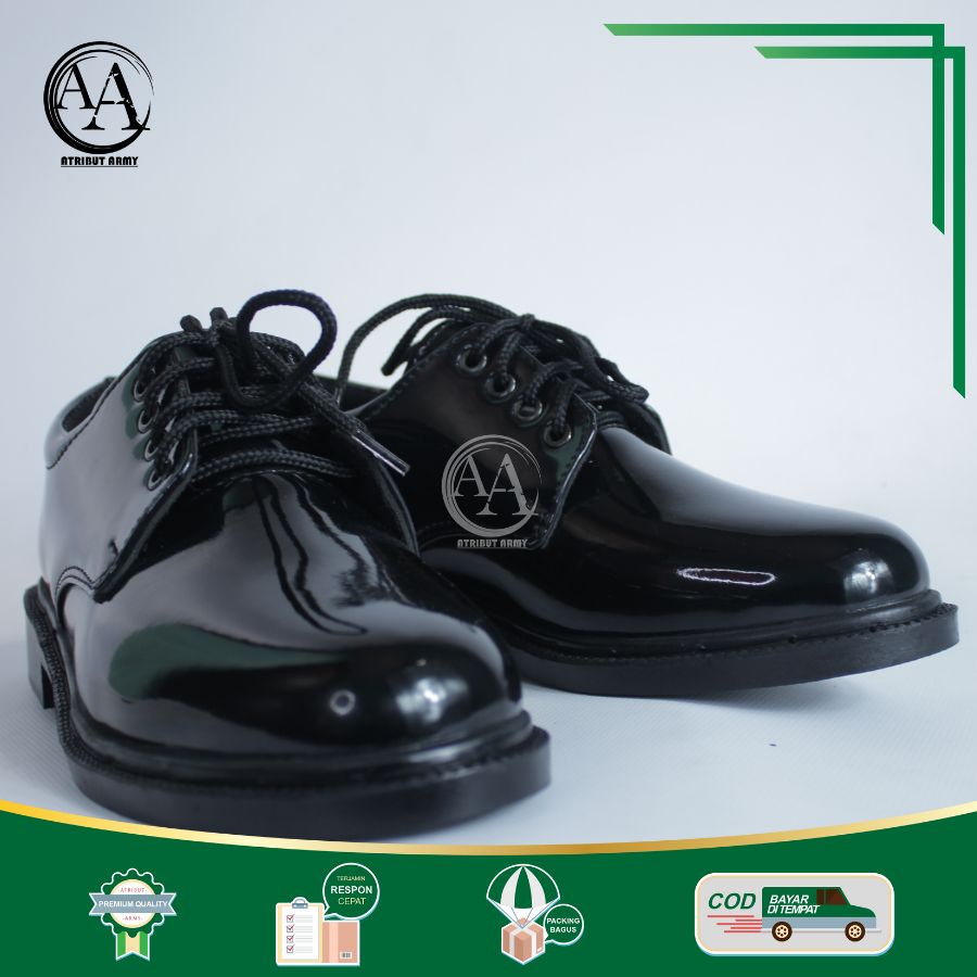 Sepatu PDH Pendek TNI Satpam Security Sepatu Dinas Kerja Polri TNI AD Hitam Glossy Guru Perkantoran PNS Pria - DT01