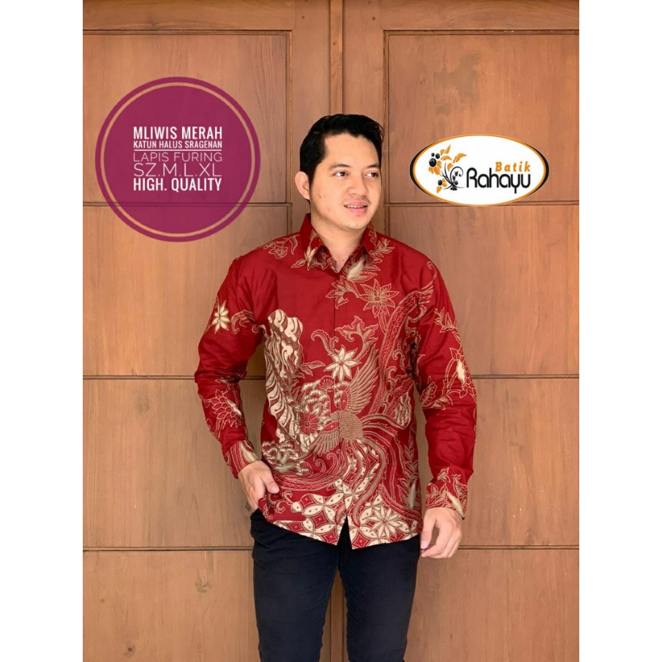 MLIWIS MERAH RAHAYU BATIKSOLOAMANAH KEMEJA BAJU BATIK PRIA SOLO LENGAN PANJANG PENDEK LAPIS FURING